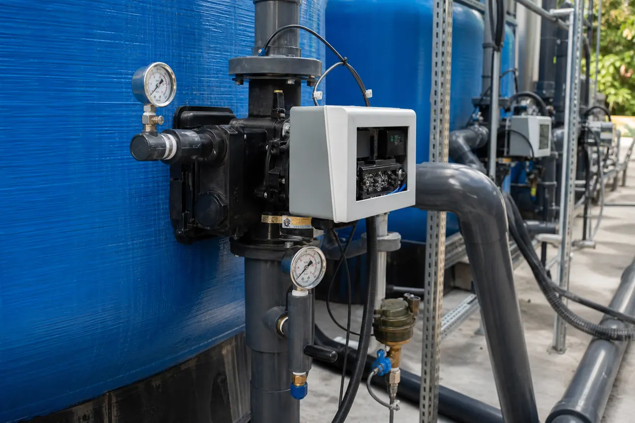Technical illustration of a commercial carbon vessel control valve and backwash components