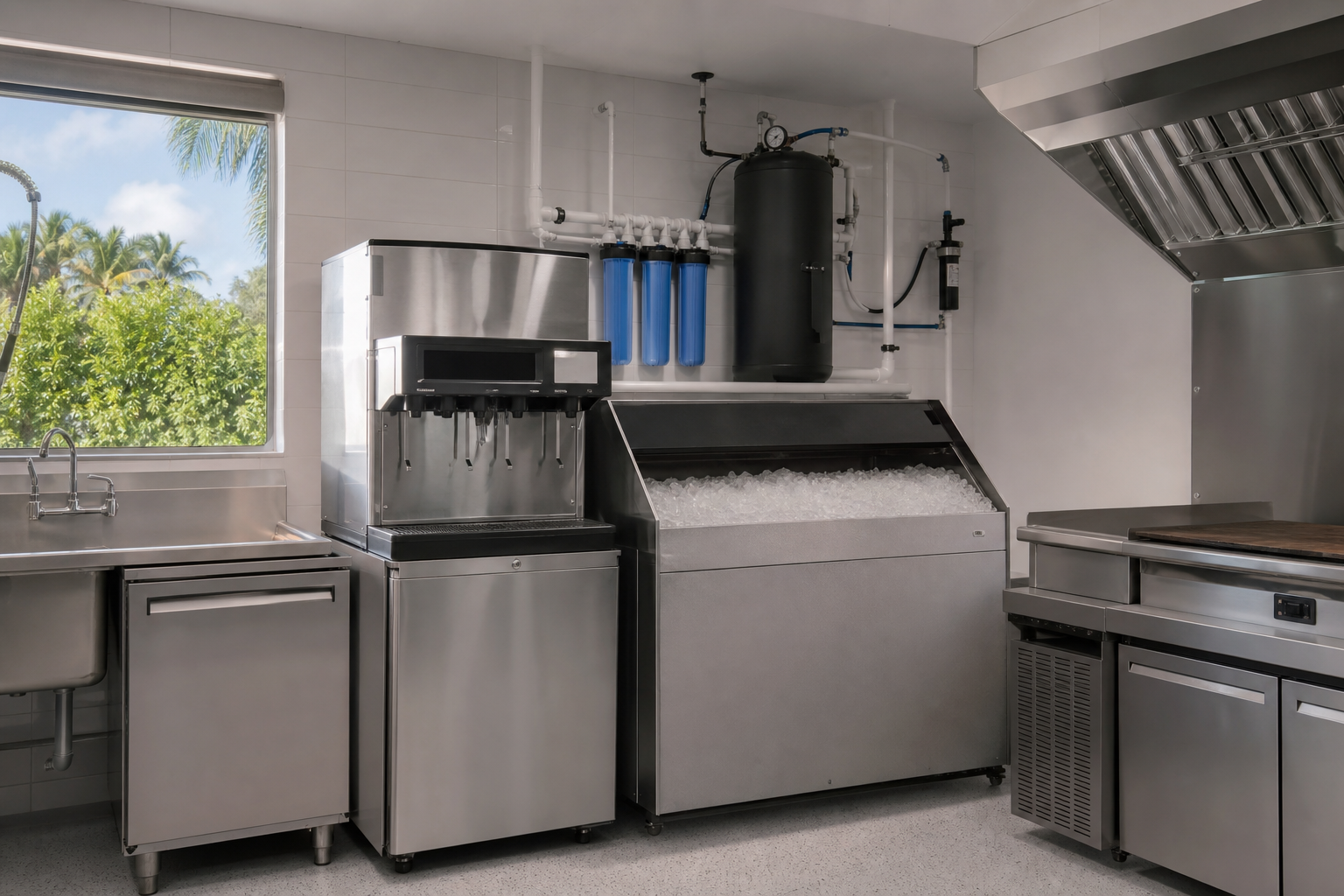 Commercial foodservice kitchen with water treatment equipment